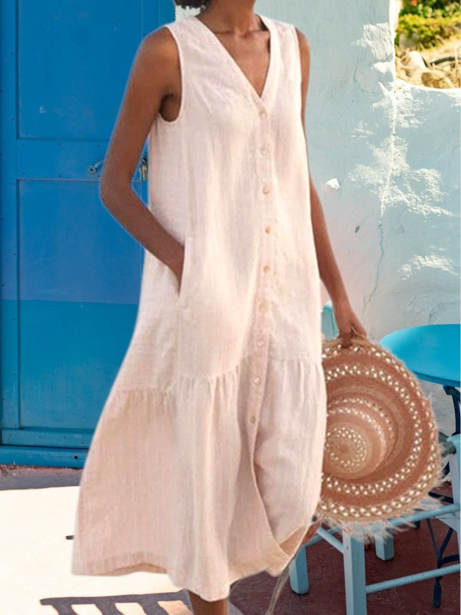 Margaux - Robe Midi Lin Sans Manches Boutonnée Femme
