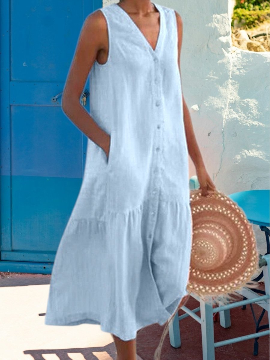 Margaux - Robe Midi Lin Sans Manches Boutonnée Femme