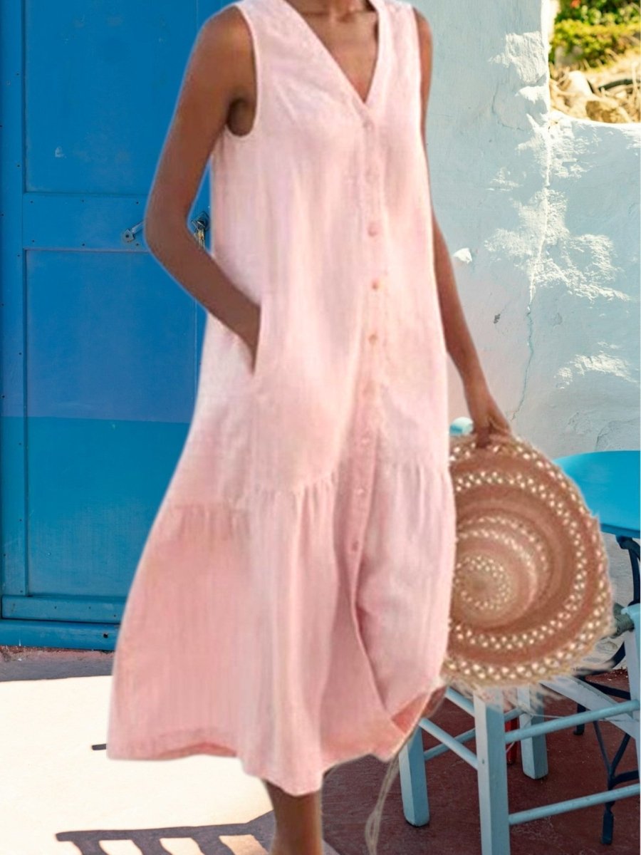 Margaux - Robe Midi Lin Sans Manches Boutonnée Femme