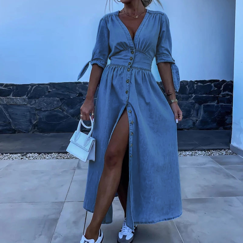 Sybille - Robe en denim avec ceinture et coupe confortable