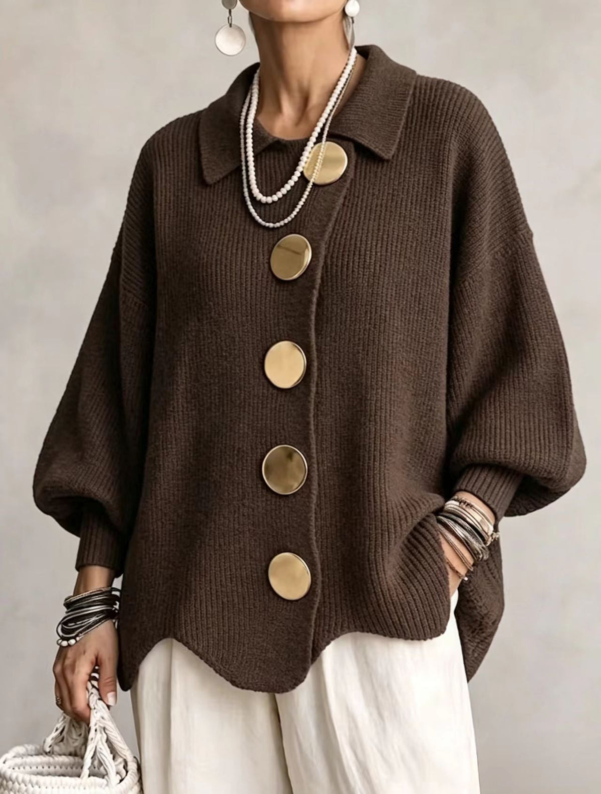 Juliette - Cardigan Élégant Grosse Maille Boutons Dorés