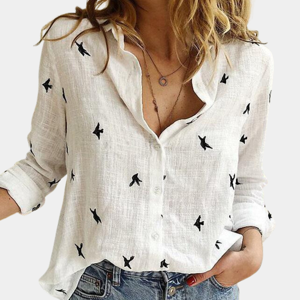 Claire - Blouse Imprimée Oiseaux Manches Longues Femme