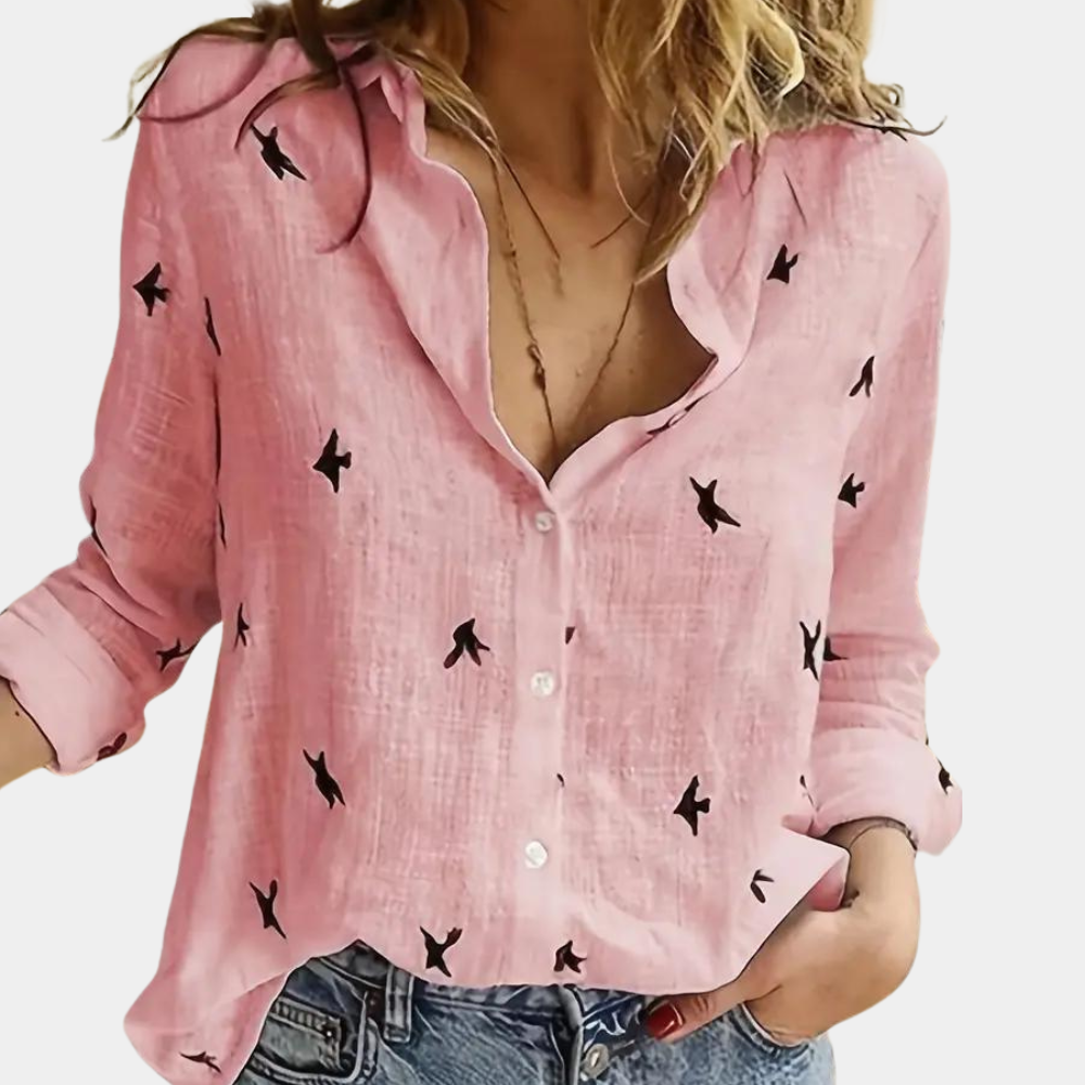 Claire - Blouse Imprimée Oiseaux Manches Longues Femme