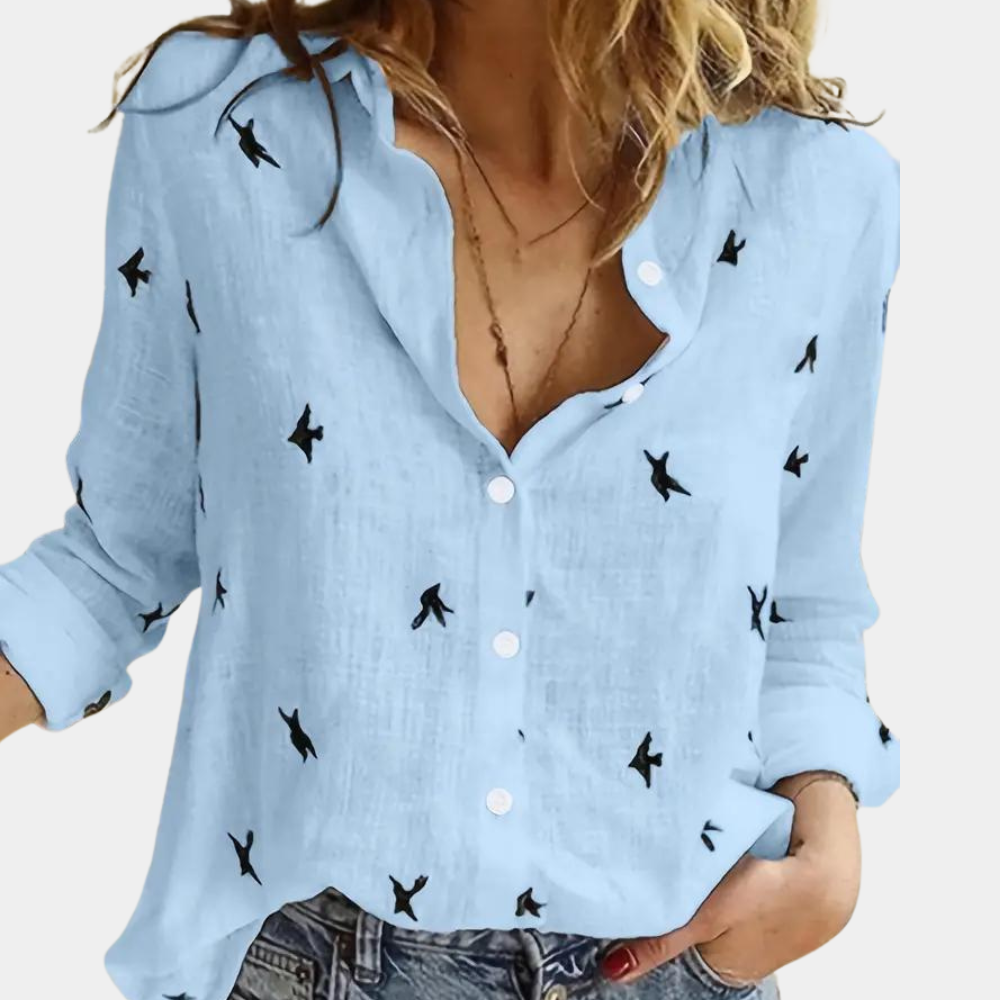 Claire - Blouse Imprimée Oiseaux Manches Longues Femme