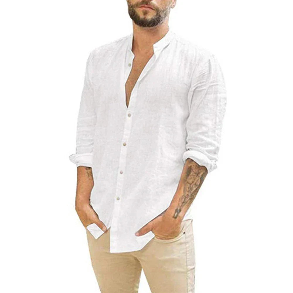 Cole - Chemise en Lin Col Officier Manches Longues Chic Homme