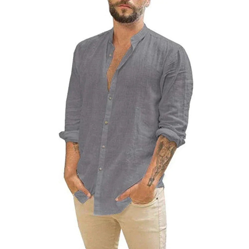 Cole - Chemise en Lin Col Officier Manches Longues Chic Homme