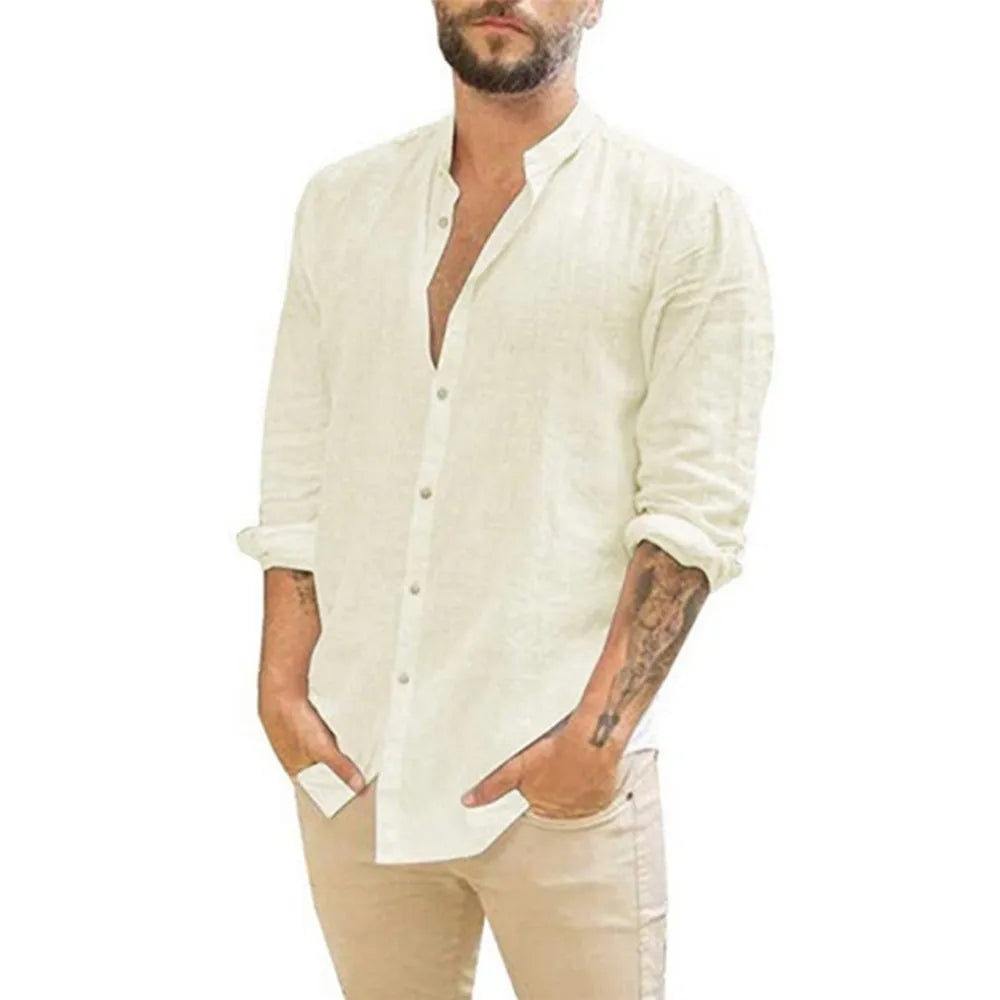 Cole - Chemise en Lin Col Officier Manches Longues Chic Homme