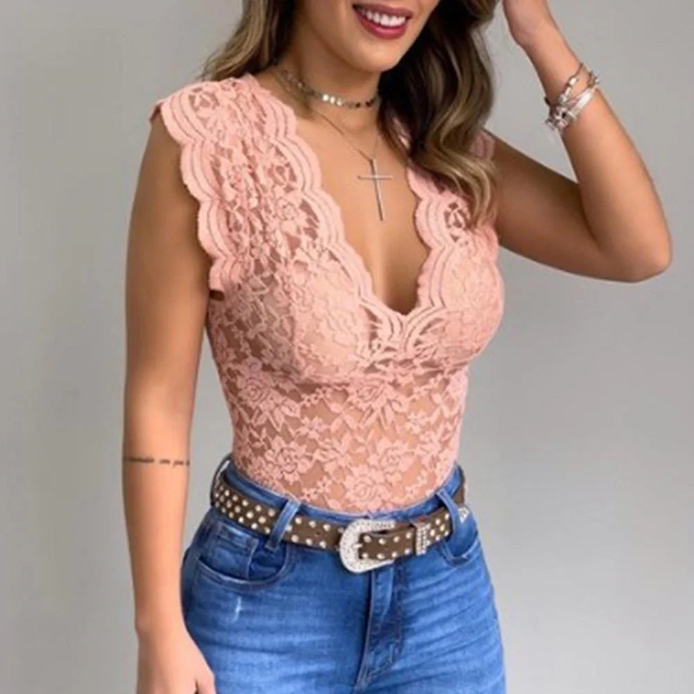 Top Femme En Dentelle Col V Manches Courtes - Eva