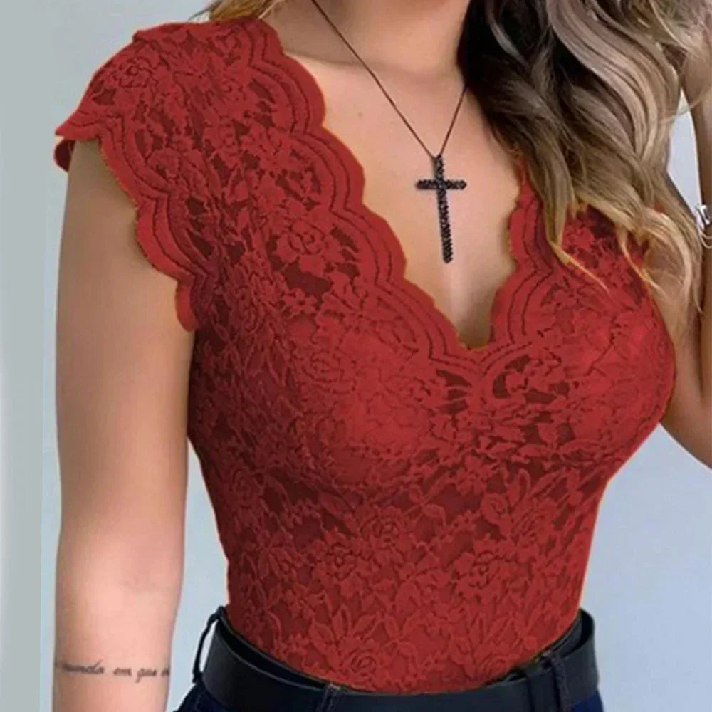 Top Femme En Dentelle Col V Manches Courtes - Eva