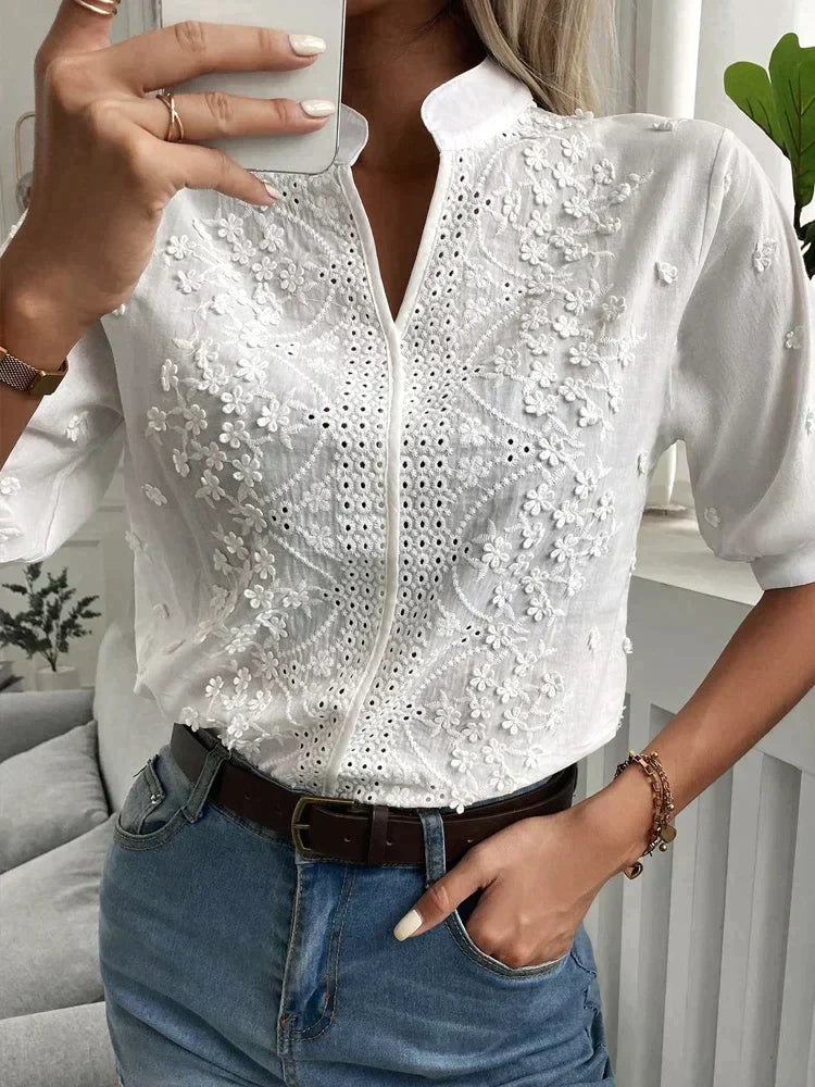 Chemise Femme Brodée Manches Courtes Élégante - Alessia