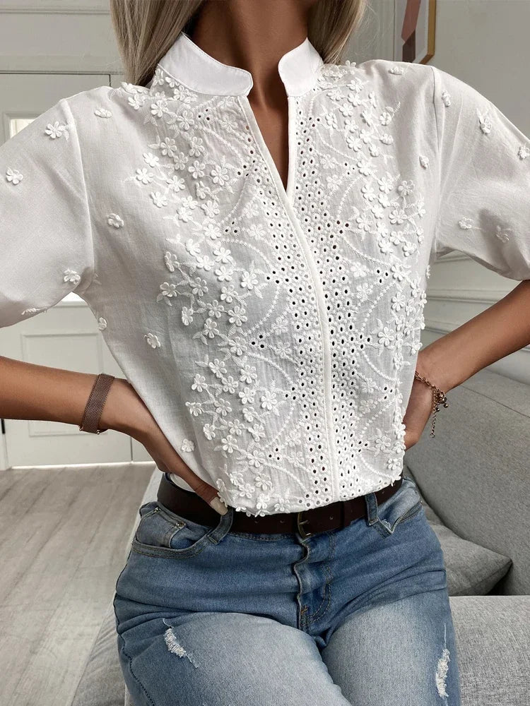 Chemise Femme Brodée Manches Courtes Élégante - Alessia