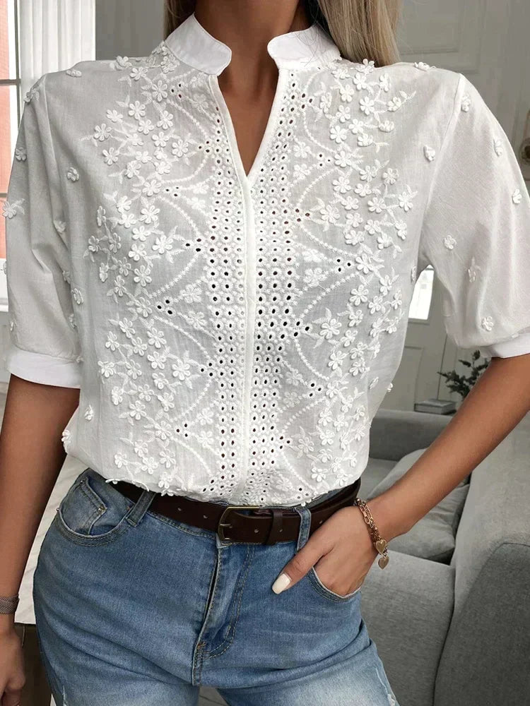Chemise Femme Brodée Manches Courtes Élégante - Alessia