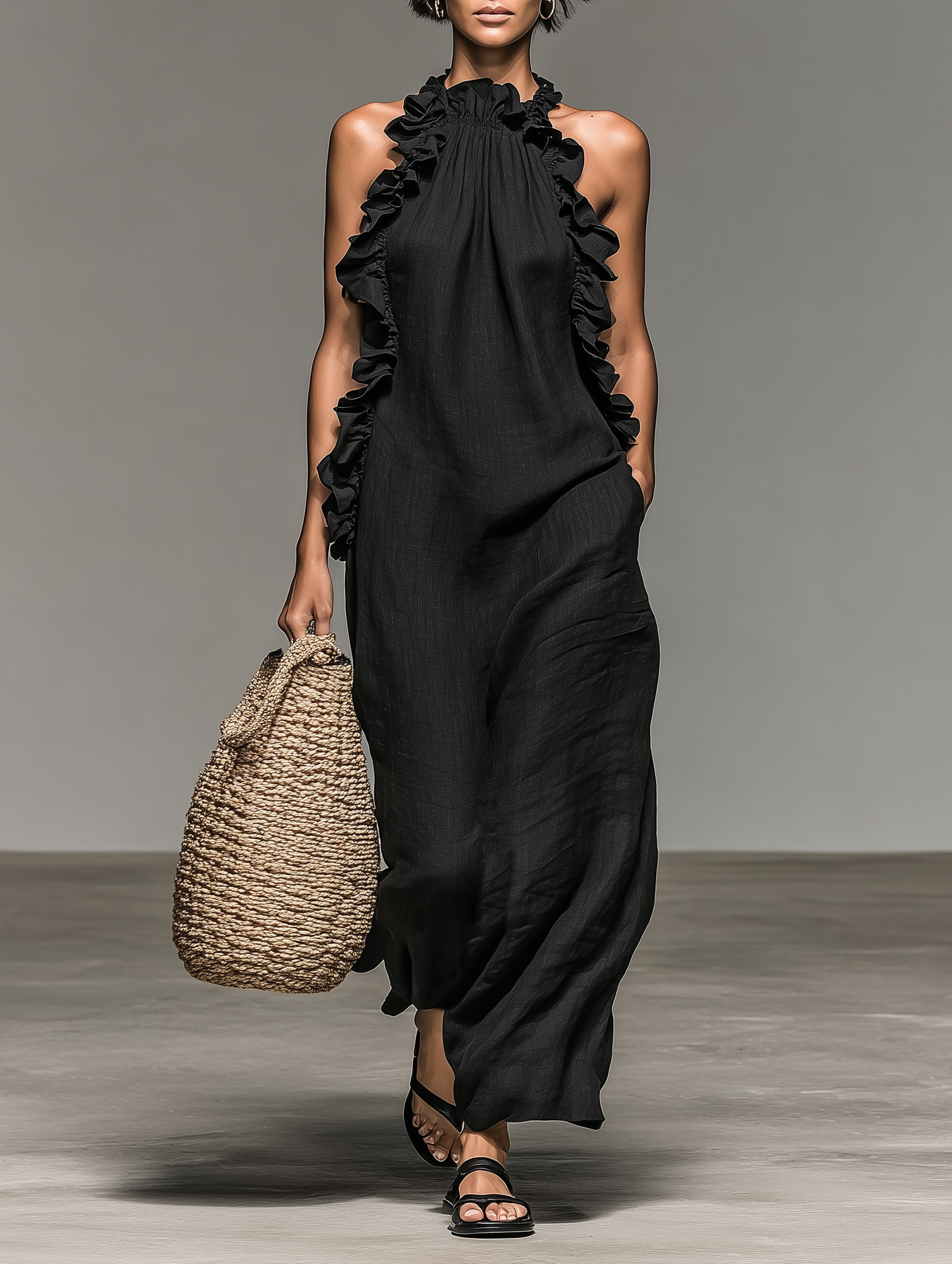 Robe longue femme en lin à volants - Marine