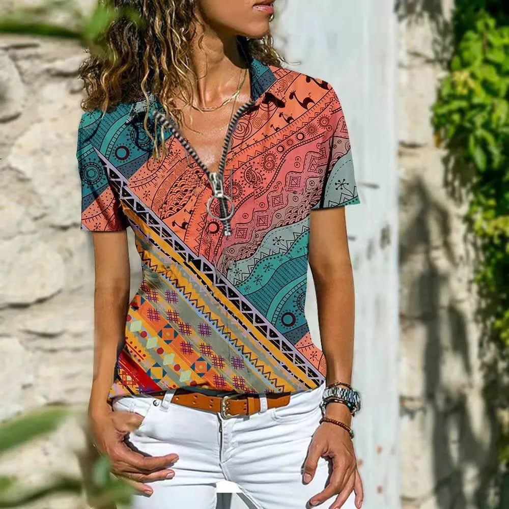 Solène - Chemisier Imprimé Manches Courtes Chic Femme