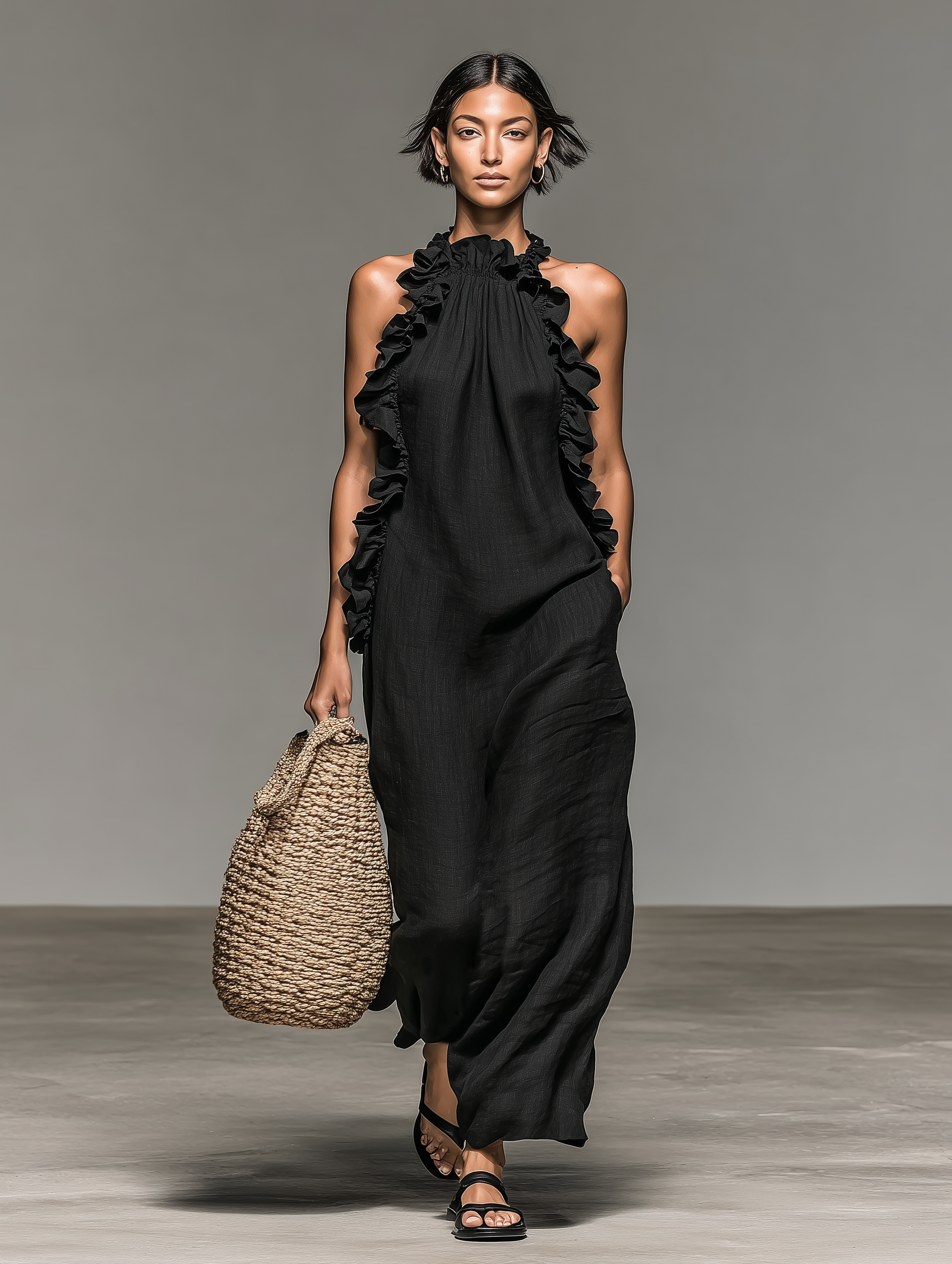 Robe longue femme en lin à volants - Marine