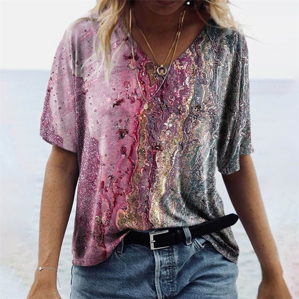 T-Shirt Femme Imprimé Col V Manches Courtes - Carnale