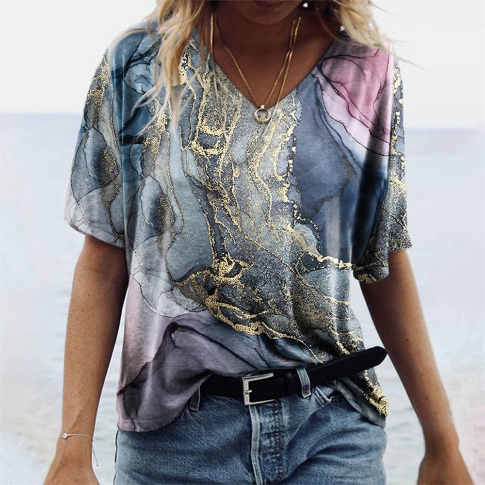 T-Shirt Femme Imprimé Col V Manches Courtes - Carnale