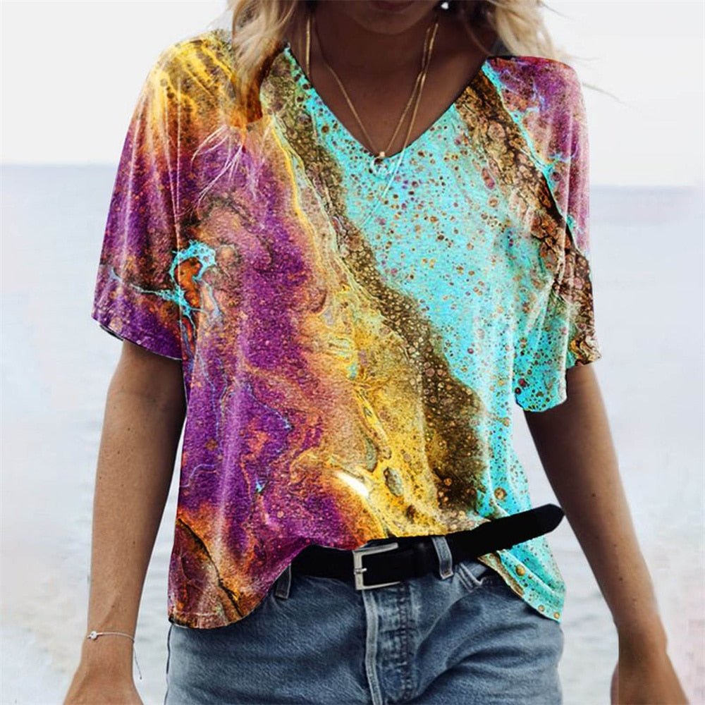 T-Shirt Femme Imprimé Col V Manches Courtes - Carnale