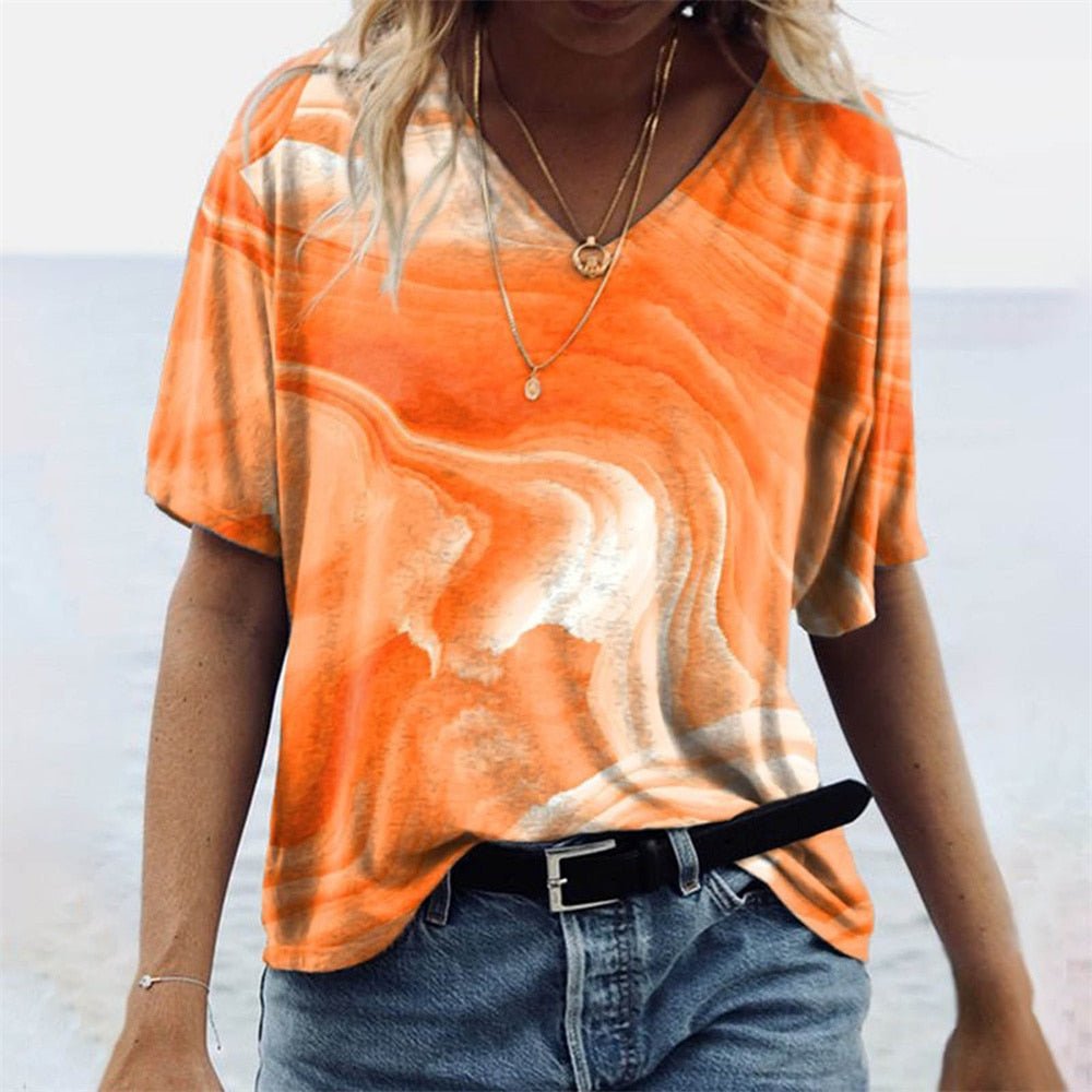 T-Shirt Femme Imprimé Col V Manches Courtes - Carnale