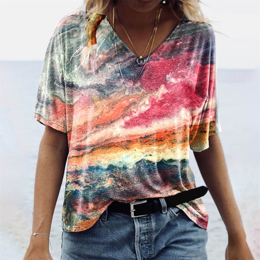 T-Shirt Femme Imprimé Col V Manches Courtes - Carnale