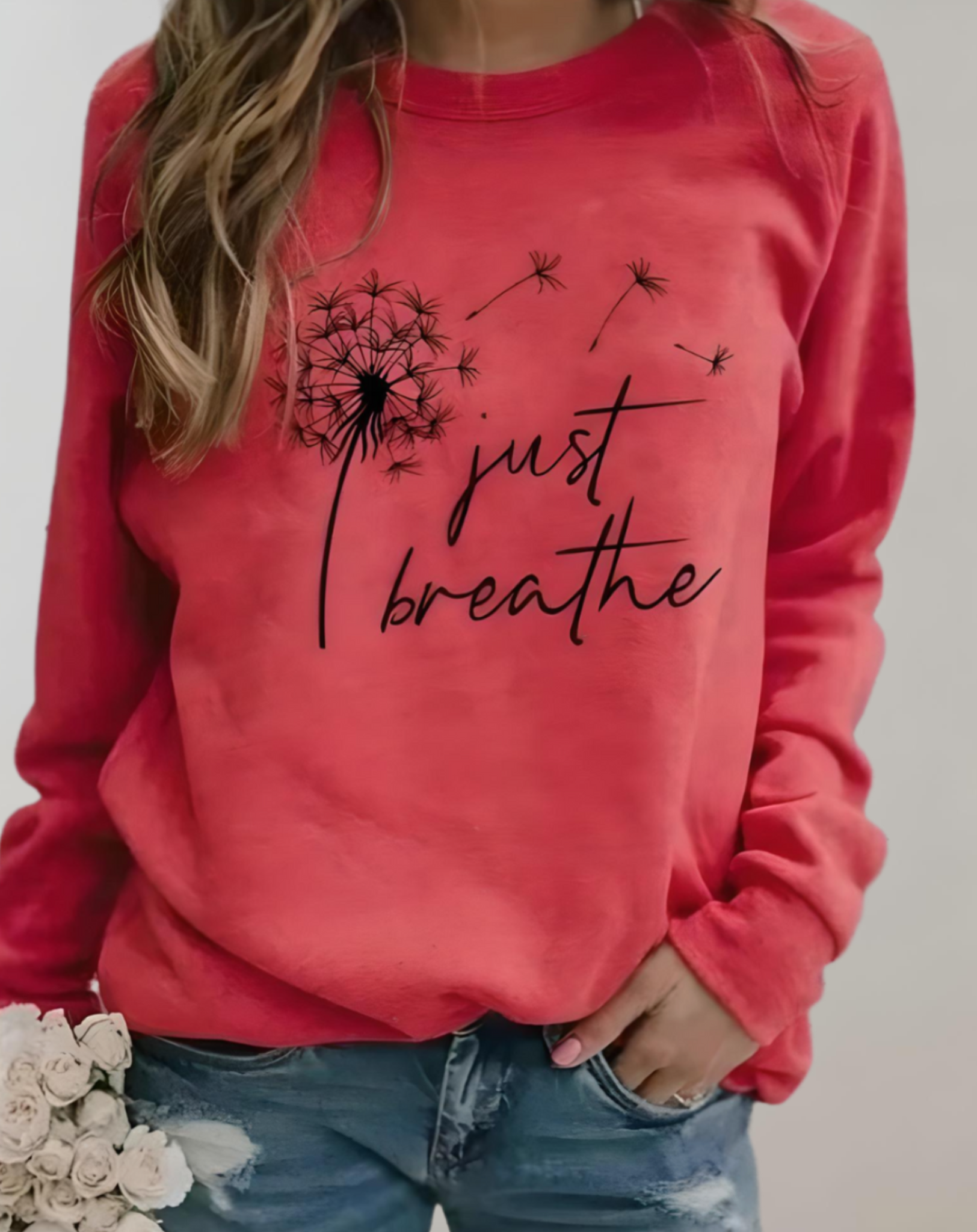 Sara – Pull oversize à col rond avec inscription "Just Breath"