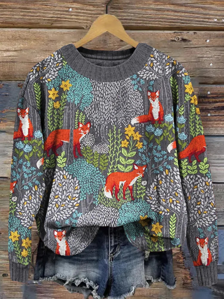 Romain – Pull gris vintage avec motif forestier unique