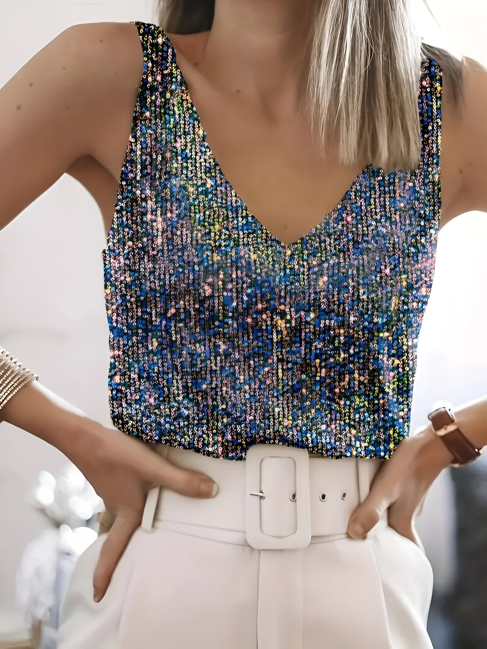 Top Femme À Paillettes Sans Manches Col V - Olivia