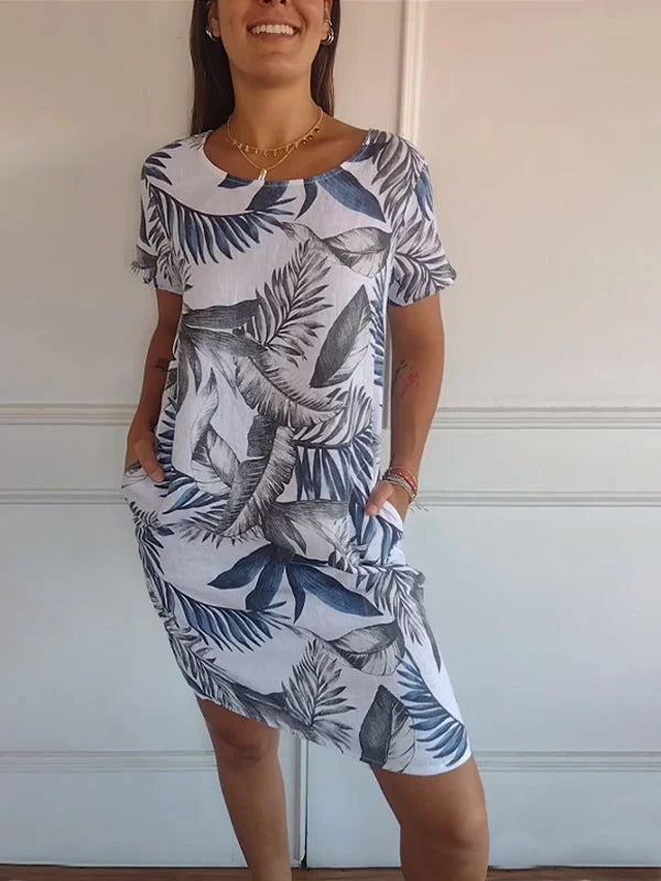 Amandine - Robe en coton-lin imprimé avec col rond et coupe légère