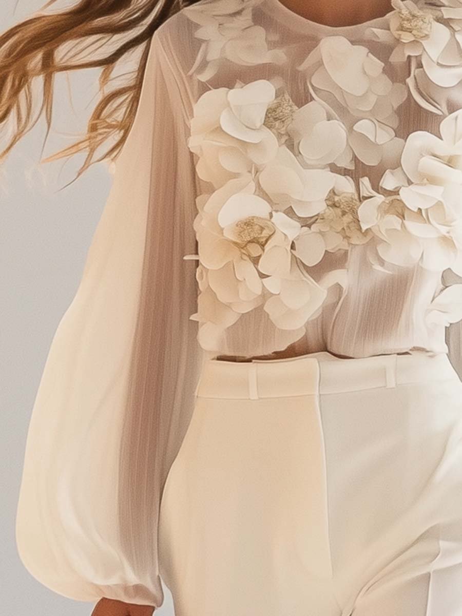Sophie - Blouse Chiffon Élégante Fleurs 3D Femme