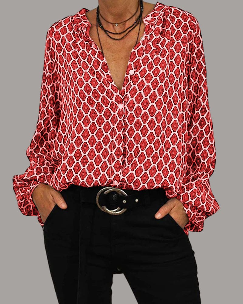 Blouse Femme Imprimée Col V Manches Longues - Inès