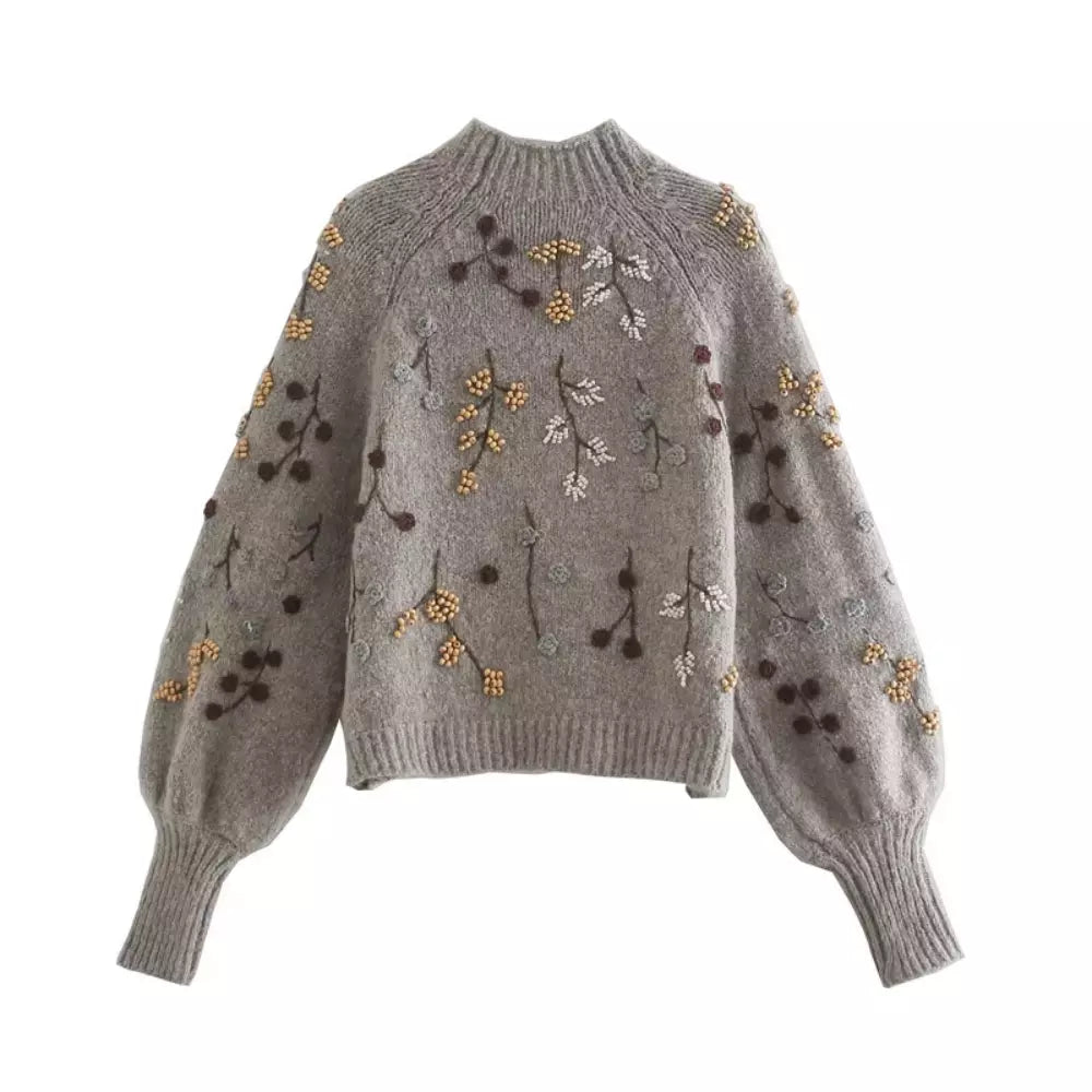 Sylvie - Pull Féminin Brodé Col Montant
