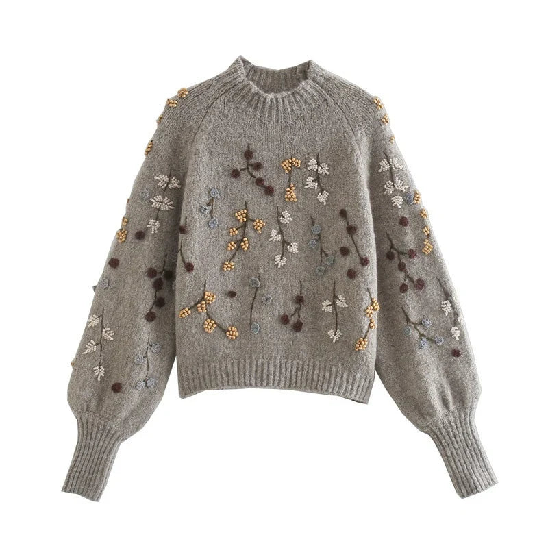Sylvie - Pull Féminin Brodé Col Montant