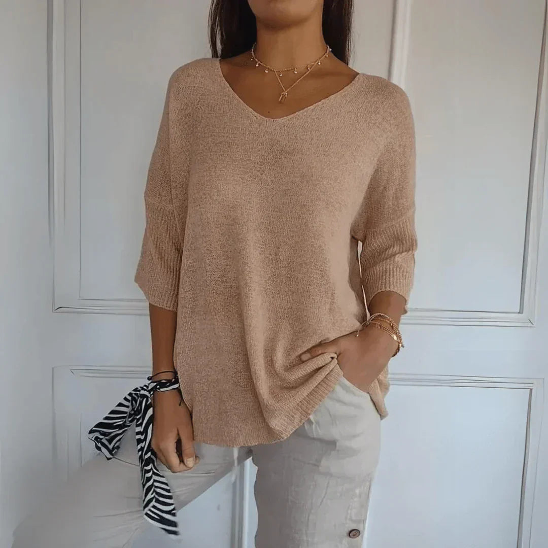 Top Femme En Maille Col V Manches Mi-Longues - Lena