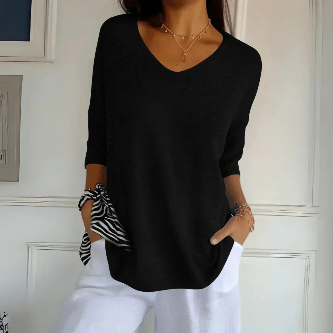 Top Femme En Maille Col V Manches Mi-Longues - Lena