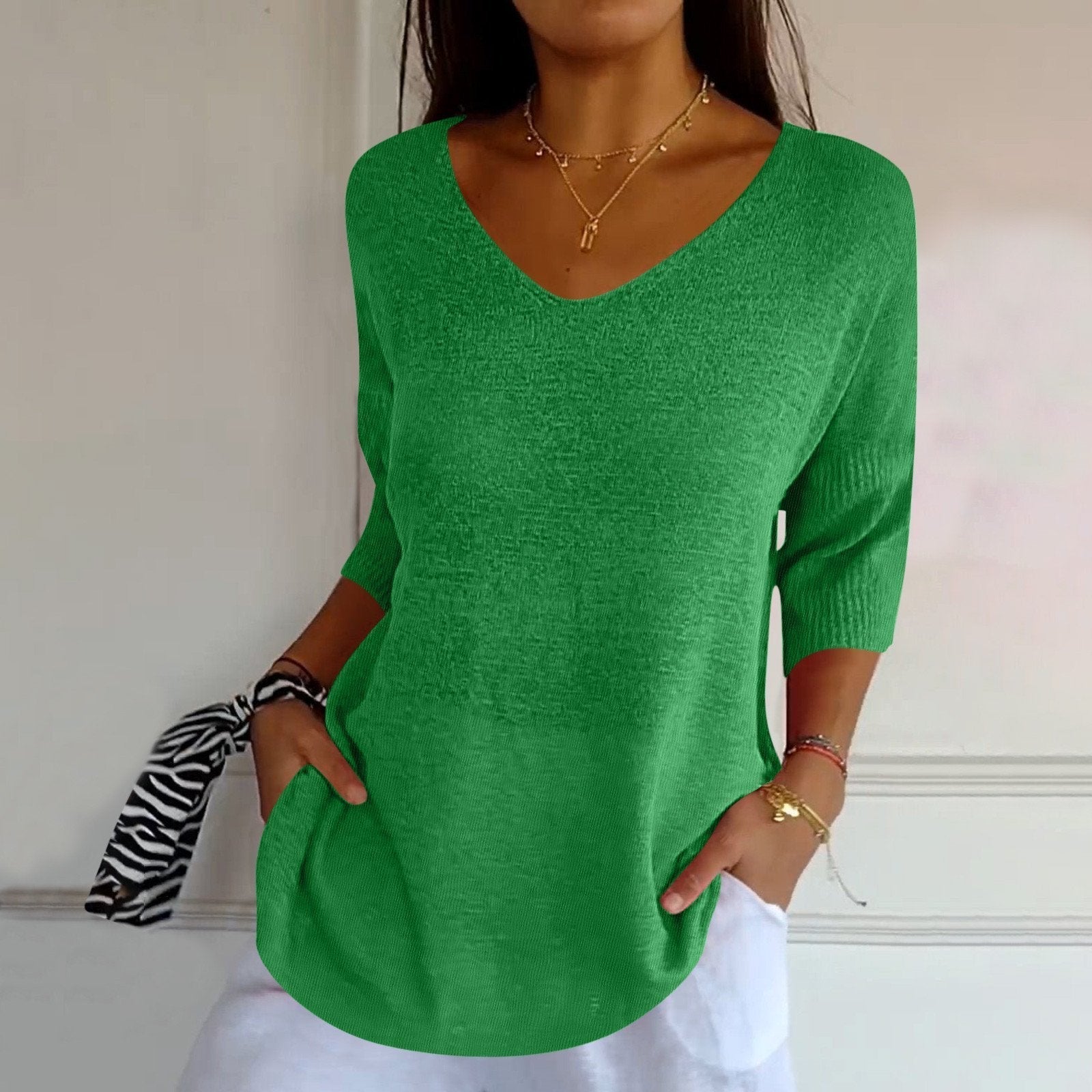 Top Femme En Maille Col V Manches Mi-Longues - Lena