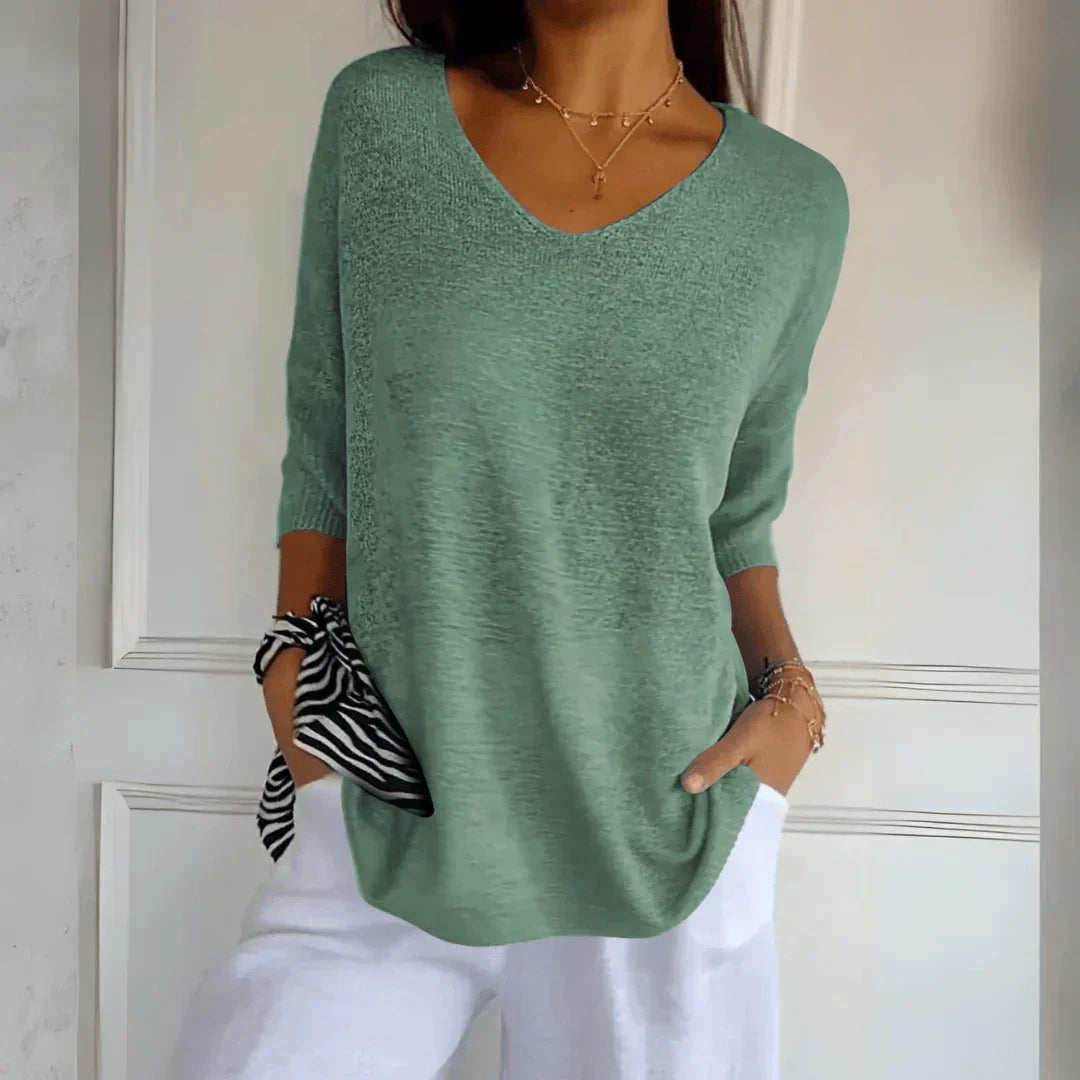 Top Femme En Maille Col V Manches Mi-Longues - Lena