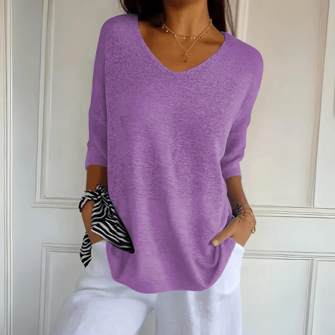 Top Femme En Maille Col V Manches Mi-Longues - Lena