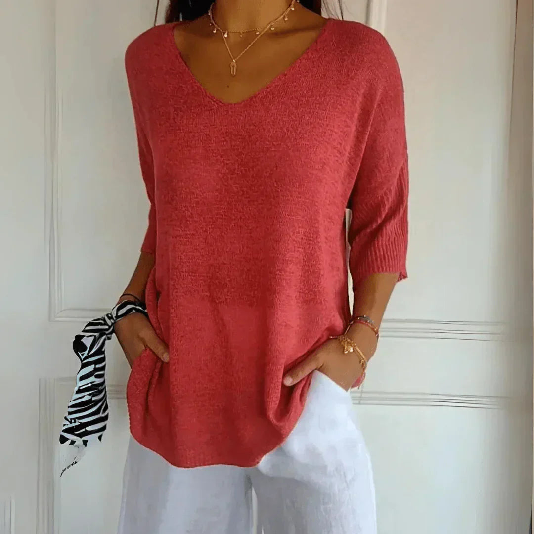 Top Femme En Maille Col V Manches Mi-Longues - Lena