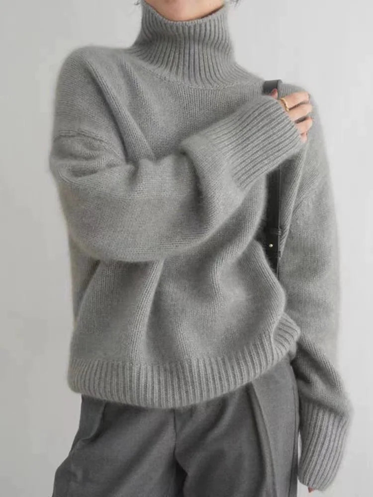 Pull oversize gris à col roulé pour femme, manches longues et style décontracté