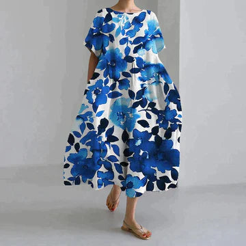 Robe longue bleue claire à imprimé floral blanc, style décontracté