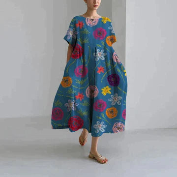 Robe longue bleue avec imprimé floral modern