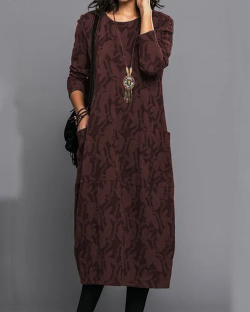 Robe longue marron pour femme avec manches longues et motif texturé