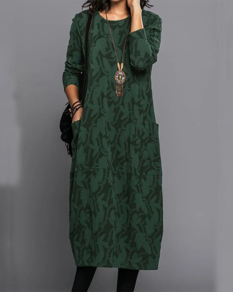 Robe longue verte pour femme avec manches longues et motif discret, style décontracté