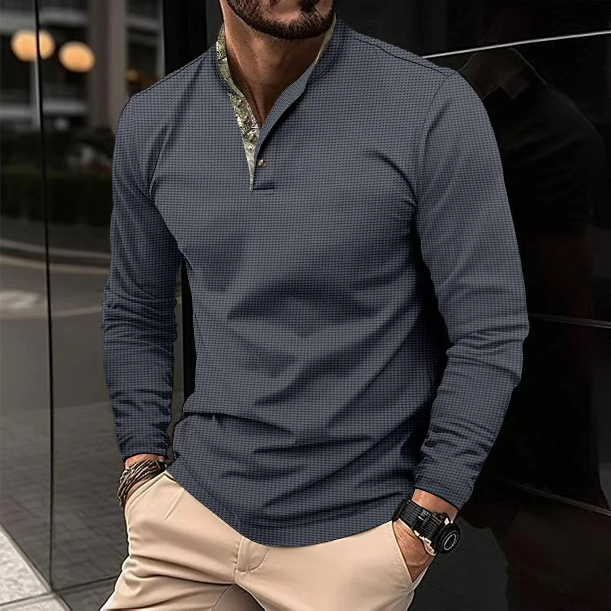 Marco - T-shirt Henley Manches Longues Gaufré Homme