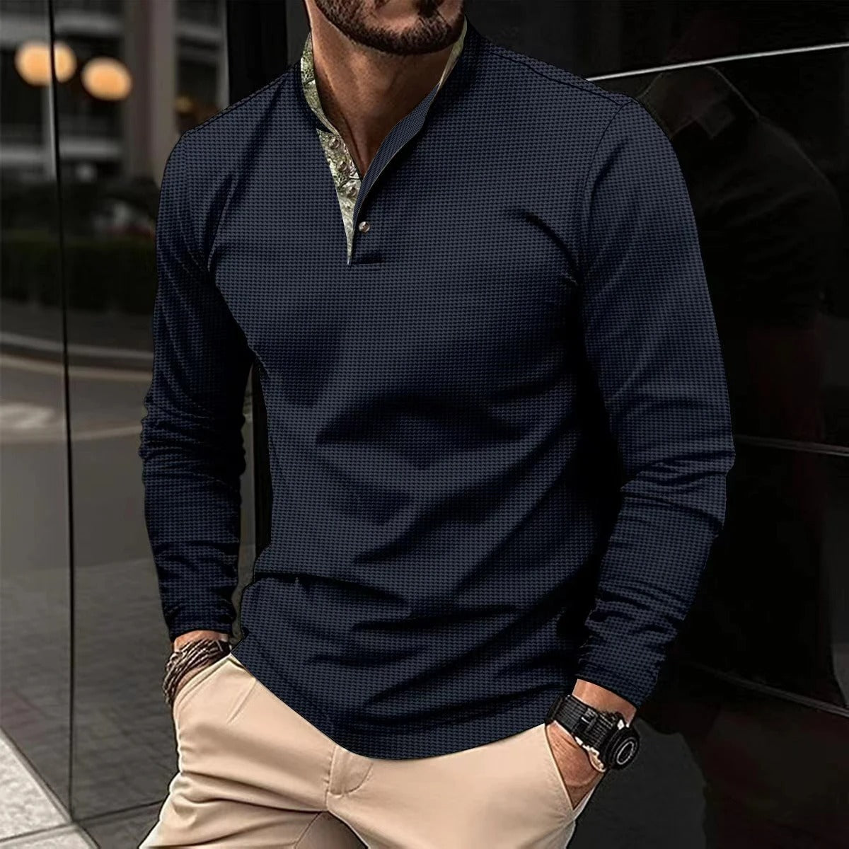 Marco - T-shirt Henley Manches Longues Gaufré Homme