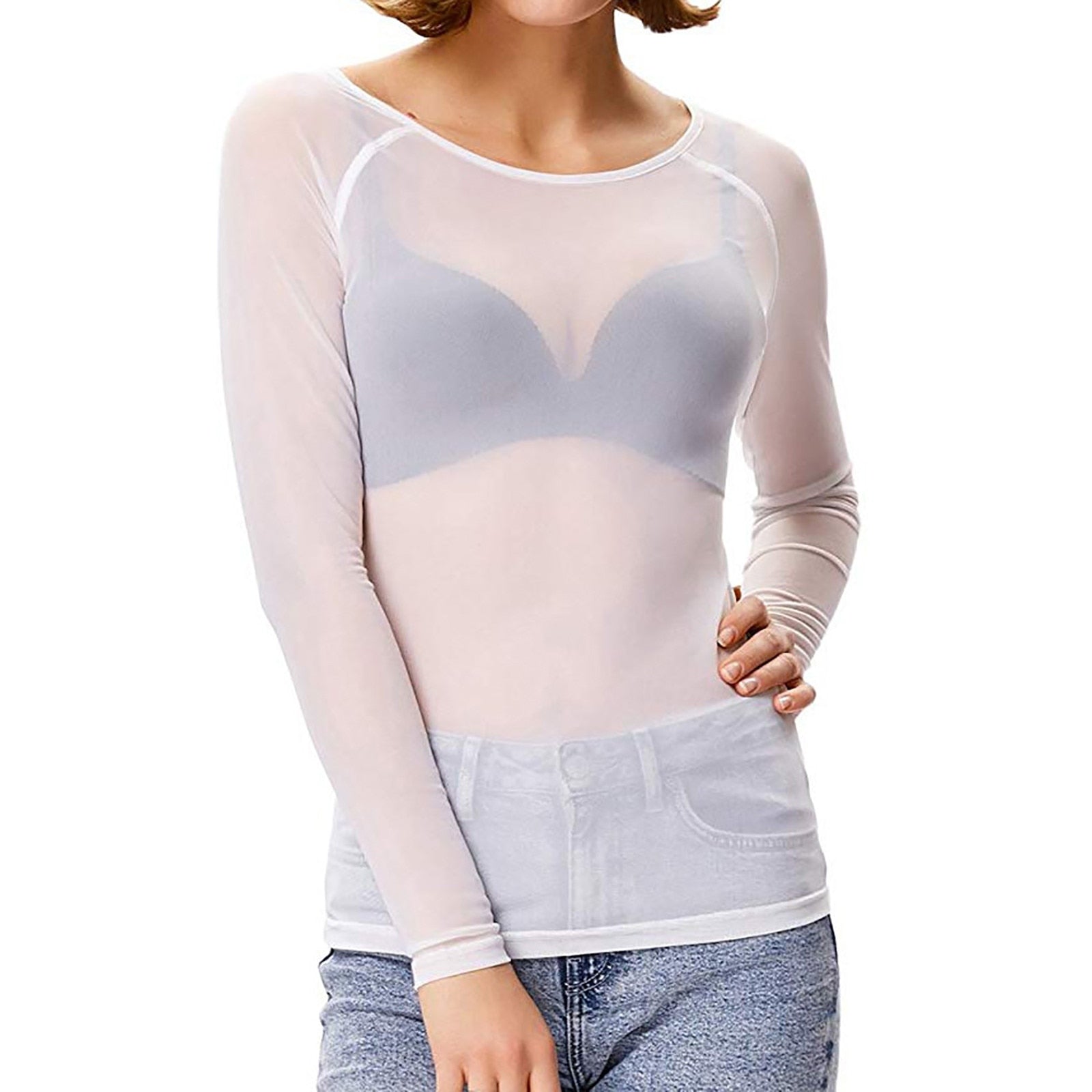 Camille - Top Mesh Élégant Manches Longues Femme