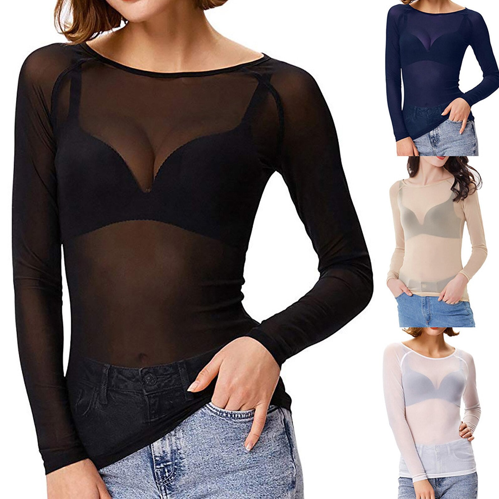 Camille - Top Mesh Élégant Manches Longues Femme