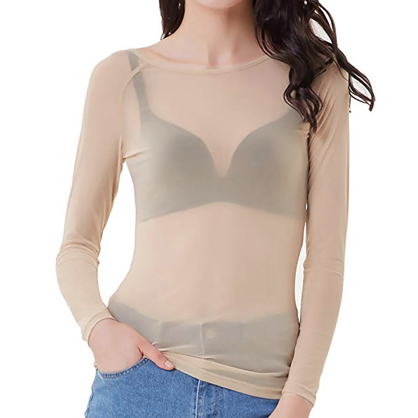 Camille - Top Mesh Élégant Manches Longues Femme