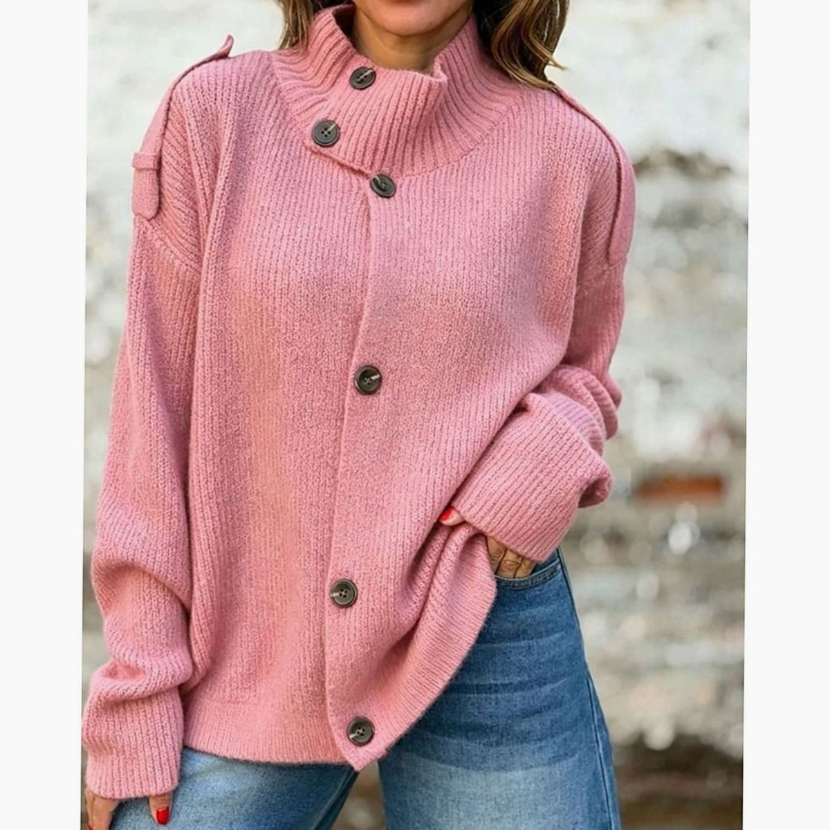 Karine - Cardigan Élégant Oversize Col Montant